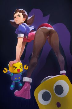  >_< 1girl :o absurdres ass bent_over black_background black_pantyhose blue_jacket breasts brown_hair closed_eyes closed_mouth commentary cropped_jacket dress drop_shadow earrings green_eyes hairband highres jacket jewelry legs_apart leoquezadilla looking_at_viewer medium_breasts mega_man_(series) mega_man_legends mega_man_legends_(series) microdress open_clothes open_jacket open_mouth pantyhose pink_dress pink_hairband pink_shoes puffy_short_sleeves puffy_sleeves robot servbot_(mega_man) shoes short_hair short_sleeves skull_earrings smile standing tron_bonne_(mega_man) turning_head 