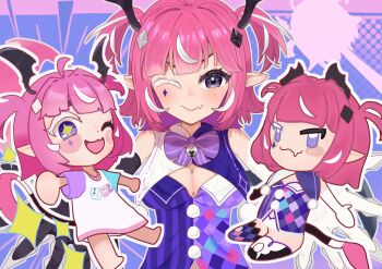  +_+ 2girls absurdres asymmetrical_gloves bell bell_bow blush blush_stickers bow breasts camila_(cami_2.0)_(vtuber) camila_(vtuber) character_doll chibi chibi_inset cleavage closed_eyes closed_mouth clothes_writing colored_eyelashes commentary diamond_facial_mark diamond_hair_ornament doll dual_persona elbow_gloves english_commentary facial_mark fang gloves head_wings heart heart_facial_mark highres indie_virtual_youtuber medium_hair mismatched_eyelashes mismatched_gloves multicolored_hair multiple_girls neck_bell official_alternate_costume one_eye_closed open_mouth outline pink_hair pointy_ears pom_pom_(clothes) purple_bow purple_eyes satoti_chang shirt skin_fang smile split-color_clothes streaked_hair stuffed_toy tail two-tone_hair two_side_up virtual_youtuber white_hair white_outline white_shirt wings 