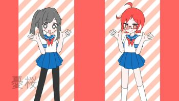  2girls ahoge ayano_aishi black_hair commentary_request glasses info-chan long_hair mesmerizer_(vocaloid) multiple_girls pantyhose parody red_hair school_uniform semi-rimless_eyewear serafuku shirt short_hair short_sleeves skirt smile standing yandere_simulator yuu_sakura_urara 