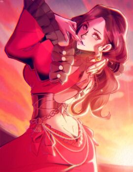 1girl ass backless_dress backless_outfit breasts brown_hair butt_crack dimples_of_venus dorothea_arnault dorothea_arnault_(timeskip) dress earrings fire_emblem fire_emblem:_three_houses green_eyes jewelry large_breasts long_hair nico_artooo nintendo red_dress solo