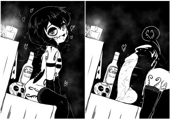  1girl 2koma bent_over bodypaint comic cunny_(meme) dia_de_muertos dildo flat_chest greyscale highres loli looking_at_viewer medium_hair meme monochrome object_insertion original ponytail sex_toy sitting skarlet_jewel smile solo standing thighhighs uohhhhhhhhh!_(meme) 
