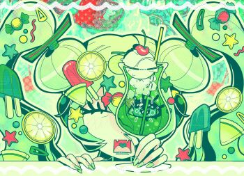  1girl candy cherry commentary cup drink drinking_glass drinking_straw eerieelixir english_commentary fangs food fruit green_eyes green_hair green_nails hair_between_eyes hair_ornament hairclip hatsune_miku headphones highres holding holding_cup holding_drink ice_cream ice_cream_float melon melon_slice melon_soda nail_polish one_eye_closed open_mouth popsicle rectangular_mouth solo star_(symbol) twintails vocaloid 