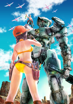  1boy 1girl ass bare_shoulders baseball_cap belt belt_pouch bikini bird black_gloves blue_pants blue_sky braid brown_hair butte cloud day facing_away gloves hat mecha non_(6nezuuyamar9) original outdoors pants pouch red_hat robot sky standing swimsuit topless_male twin_braids wrench yellow_bikini  rating:Sensitive score:3 user:danbooru