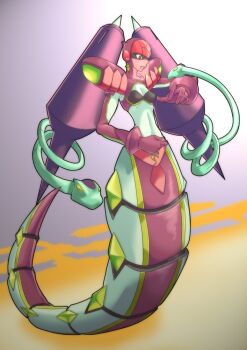  1girl armor bobabo commentary_request em_wave_change_(mega_man) gloves helmet lamia luna_platz_(mega_man) mega_man_(series) mega_man_star_force_(series) midriff monster_girl mouth_veil navel purple_gloves queen_ophiuca_(mega_man) red_eyes shoulder_armor snake snake_girl veil 