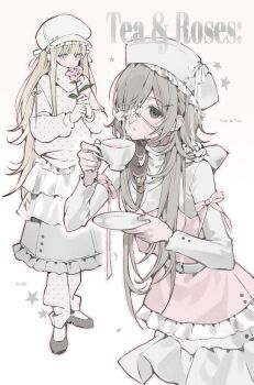  2girls black_eyes black_shoes blonde_hair brown_hair commentary cup english_commentary english_text eyepatch fashion flower full_body hair_over_one_eye hands_up hat heart heart_eyepatch highres holding holding_cup holding_flower holding_saucer lace-trimmed_eyepatch layered_skirt long_hair long_sidelocks long_sleeves multiple_girls nyzziz original outline pants pants_under_skirt pink_eyes pink_flower pink_outline pink_ribbon polka_dot_pants polka_dot_sweater ribbon saucer shirt shoes short_hair short_hair_with_long_locks sidelocks simple_background skirt sleeve_ribbon sweater teacup upper_body very_long_hair very_long_sidelocks white_background white_flower white_hat white_pants white_shirt white_skirt white_sweater wishcore 