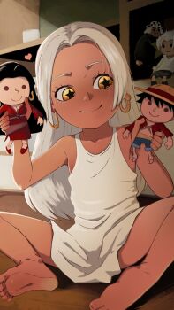  1girl absurdres bare_legs barefoot bartholomew_kuma boa_hancock character_doll child closed_mouth doll dress earrings feet female_focus forehead g_reaper heart highres holding holding_toy jewelry long_hair monkey_d._luffy one_piece parted_bangs parted_lips s-hawk s-snake seraphim_(one_piece) sitting sleeveless sleeveless_dress smile snake_earrings soles solo spread_legs star-shaped_pupils star_(symbol) symbol-shaped_pupils thighs toes toy very_long_hair white_dress white_hair yellow_eyes  rating:Sensitive score:20 user:MonsieurCinq