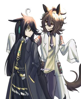  2girls agnes_tachyon_(tach-nology)_(umamusume) agnes_tachyon_(umamusume) ahoge animal_ears black_coat black_hair black_necktie black_pantyhose black_shirt black_skirt brown_hair chemical_structure closed_mouth coat collared_shirt commentary cork crowswhispers ear_tag earrings english_commentary hair_between_eyes hands_in_pockets highres horse_ears horse_girl horse_tail jewelry lab_coat long_bangs long_hair long_hair_between_eyes long_sleeves looking_at_another looking_at_viewer manhattan_cafe_(creeping_shadow)_(umamusume) manhattan_cafe_(umamusume) medium_hair multicolored_hair multiple_girls necktie open_mouth pantyhose red_eyes shirt short_necktie simple_background single_earring skirt sleeves_past_fingers sleeves_past_wrists smile sweater sweater_vest tail test_tube umamusume very_long_hair white_background white_coat white_hair wolf_cut yellow_eyes yellow_necktie yellow_sweater yellow_sweater_vest 