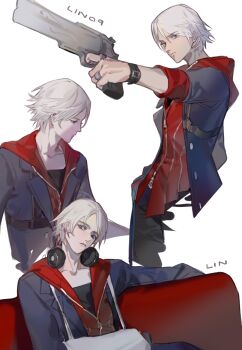 1boy bishounen blue_eyes blue_rose_(gun) devil_bringer devil_may_cry devil_may_cry_(series) devil_may_cry_4 gun headphones highres holding holding_gun holding_weapon jacket jewelry lin09 long_hair male_focus nero_(devil_may_cry) simple_background solo weapon white_hair