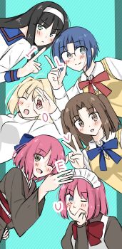  02surume 6+girls ahoge apron arcueid_brunestud asagami_private_girls_acadamy_uniform black_hair blonde_hair blue_bow blue_eyes blue_hair blush bow breasts brown_eyes brown_hair brown_kimono ciel_(tsukihime) curtained_hair english_text glasses hair_intakes hairband highres hisui_(tsukihime) japanese_clothes kimono kohaku_(tsukihime) looking_at_viewer maid maid_apron maid_headdress multiple_girls one_eye_closed pink_hair red_bow school_uniform shirt short_hair siblings sisters sweater tohno_akiha tsukihime turtleneck turtleneck_sweater twins twintails two_side_up vest white_hairband white_shirt white_sweater yellow_vest yumizuka_satsuki 