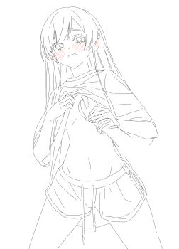  2girls blush bosg_12_2 bracelet cho_kaguya-hime! clothes_lift commentary ear_blush female_pov grabbing_another's_breast groping guided_breast_grab guiding_hand highres holding_another's_wrist jewelry looking_at_viewer multiple_girls pov runami_yachiyo sakayori_iroha shirt shirt_lift shorts untranslatable_commentary yuri 