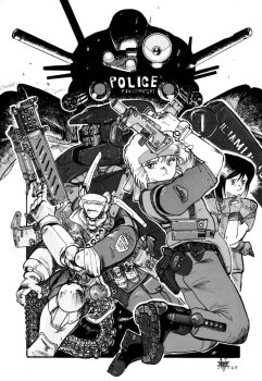  1980s_(style) 1boy 2girls akimoto_kouji appleseed boots briareos_hecatonchires closed_mouth cyberpunk cyborg dated deunan_knute full_body gloves greyscale gun hitomi_(appleseed) holding holding_gun holding_weapon mecha military_uniform monochrome multiple_girls oldschool open_mouth retro_artstyle robot science_fiction short_hair weapon 