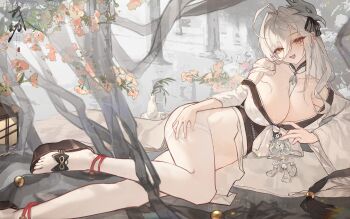  1girl absurdres ahoge azur_lane bare_shoulders between_breasts breasts cleavage flower full_body hair_between_eyes hakuhou_(azur_lane) highres horns japanese_clothes large_breasts long_hair looking_at_viewer lying on_side open_mouth ribbon sandals smile solo thighhighs white_hair white_thighhighs wide_sleeves wu_you_(pixiv_68503647) yellow_eyes 