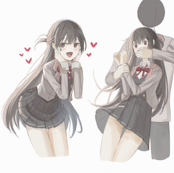  1boy 1girl absurdres black_eyes black_hair black_skirt blush bow bowtie breasts cailin020 captured covering_another's_mouth gagged grabbing_from_behind grey_jacket hand_gagged hand_over_another's_mouth heart heart-shaped_pupils highres jacket kidnapped kidnapping long_hair looking_at_viewer miniskirt pleated_shirt pleated_skirt red_bow red_bowtie restrained school_uniform seiren_academy_school_uniform shirt skirt smile suou_yuki symbol-shaped_pupils tokidoki_bosotto_roshia-go_de_dereru_tonari_no_alya-san very_long_hair white_shirt 