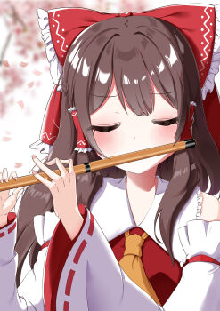  1girl absurdres ascot bare_shoulders blurry blurry_background blush bow brown_hair chinese_commentary closed_eyes collared_shirt commentary_request detached_sleeves facing_viewer falling_petals fingernails flute frilled_bow frilled_shirt_collar frills hair_bow hakurei_reimu hands_up highres holding holding_flute holding_instrument iamszc instrument long_sleeves medium_hair music petals pink_petals playing_flute playing_instrument red_bow red_shirt ribbon-trimmed_sleeves ribbon_trim shirt sleeveless sleeveless_shirt solo touhou upper_body white_sleeves wide_sleeves yellow_ascot 