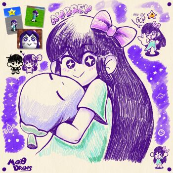  +_+ 1boy 1girl :> antenna_hair arms_up artist_name aubrey_(headspace)_(omori) aubrey_(omori) barefoot black_eyes black_hair blue_shirt blush bow bright_pupils chibi closed_mouth colored_skin commentary double-parted_bangs english_commentary english_text hair_between_eyes hair_bow heart highres holding holding_stuffed_toy long_hair long_shirt mario_(series) marodraws mr._plantegg_(omori) nintendo omori omori_(omori) pink_bow shirt short_hair short_sleeves sidelocks smile speech_bubble stuffed_animal stuffed_eggplant stuffed_toy super_mario_64 t-shirt v white_pupils white_skin 