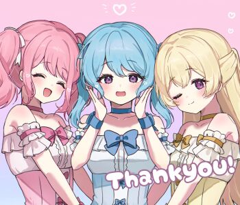  3girls bang_dream! bang_dream!_girls_band_party! blonde_hair blue_bow blue_choker blue_hair blue_wrist_cuffs blush bow breasts choker closed_eyes commentary_request detached_sleeves half_updo hands_up heart highres idol idol_clothes long_hair maruyama_aya matsubara_kanon medium_breasts meu203 multiple_girls one_eye_closed open_mouth pink_background pink_bow pink_choker pink_hair purple_eyes shirasagi_chisato shirt sidelocks simple_background strapless strapless_shirt twintails white_shirt wrist_cuffs yellow_bow 