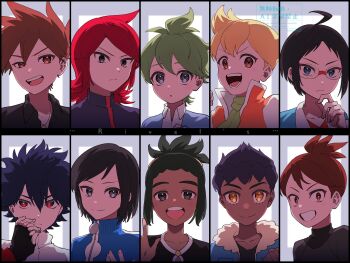  6+boys ahoge arm_up ascot barry_(pokemon) black_hair black_shirt blue_eyes blue_jacket blue_oak blue_shirt brown_eyes brown_hair calem_(pokemon) cheren_(pokemon) closed_mouth collarbone collared_jacket collared_shirt commentary_request dark-skinned_male dark_skin dot_nose fingerless_gloves fur-trimmed_jacket fur_trim glasses gloves green_ascot green_hair grey_eyes grin hair_behind_ear hair_between_eyes hau_(pokemon) high_collar highres hop_(pokemon) hugh_(pokemon) jacket jewelry long_hair long_sleeves looking_at_viewer looking_to_the_side lower_eyelashes_only multiple_boys necklace nintendo nisanrei121 open_clothes open_collar open_mouth open_shirt parted_bangs pokemon pokemon_bw pokemon_bw2 pokemon_dppt pokemon_frlg pokemon_hgss pokemon_lgpe pokemon_oras pokemon_sm pokemon_swsh pokemon_xy ponytail popped_collar portrait purple_hair red_eyes red_hair red_shirt rimless_eyewear shirt sideways_glance silver_(pokemon) smile spiked_hair teeth tongue trace_(pokemon) turtleneck uneven_eyes upper_teeth_only wally_(pokemon) watermark waving white_shirt yellow_eyes zipper zipper_pull_tab  rating:General score:5 user:danbooru