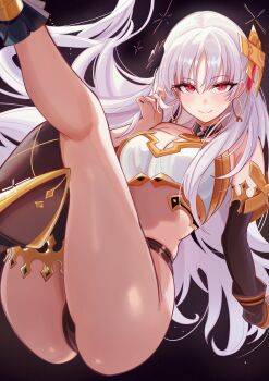  0nineo9 1girl absurdres ass asymmetrical_legwear bare_shoulders blush breasts cleavage commentary commission cosplay detached_sleeves fate/grand_order fate/strange_fake fate_(series) fillia_(fate) high_heels highres ishtar_(fate) ishtar_(fate)_(cosplay) legs long_hair looking_at_viewer medium_breasts panties red_eyes smile solo underwear white_hair 