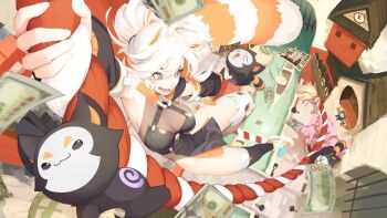  1girl ahoge animal_ears armpits banknote bare_hips black_sleeves breasts commentary demenishki english_commentary facial_mark halter_leotard halterneck indie_virtual_youtuber large_breasts leotard leotard_under_clothes loincloth money money_bag open_mouth orange_hair peesh_san purple_eyes red_panda_ears red_panda_girl red_panda_tail see-through_cleavage see-through_clothes see-through_leotard short_hair tail thighhighs thighs virtual_youtuber wanted_poster whisker_markings white_hair 