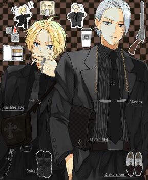  10000_yen_note 2boys absurdres bag banknote belt belt_buckle ben-day_dots black_belt black_boots black_eyes black_necktie black_pants black_shirt black_suit blonde_hair blue_eyes boots brown_background brown_belt buckle chain checkered_background checkered_bag chibi chibi_inset cigarette cigarette_case collared_shirt commentary_request cross cup disposable_coffee_cup disposable_cup dress_shirt dress_shoes english_text eyewear_strap formal_clothes glasses grey_necktie gun hair_bun hair_slicked_back handbag handgun highres holding holding_cigarette jacket jewelry label lapels lighter looking_at_viewer male_focus minato_x3710 money multiple_boys multiple_rings necktie pants pinstripe_pattern pinstripe_shirt revolver ring round_eyewear sakamoto_days sakamoto_taro sakamoto_taro_(skinny) screentones shin_(sakamoto_days) shirt shoes short_hair shoulder_bag single_hair_bun skull_and_crossbones smoking striped_clothes striped_shirt suit suit_jacket translation_request vertical-striped_clothes vertical-striped_shirt watermark weapon white_hair zippo_lighter 