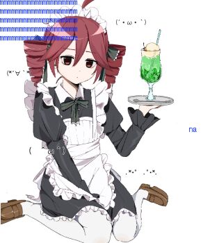  1girl 2000s_(style) ahoge apron black_dress brown_shoes cocktail_glass cup dress drill_hair drink drinking_glass emoticon expressionless frilled_apron frilled_hairband frilled_sleeves frills green_ribbon hair_between_eyes hair_ribbon hairband hashtag-only_commentary highres holding holding_plate kaomoji kasane_teto kneeling maid maid_apron maid_headdress plate puffy_sleeves red_eyes red_hair ribbon shoes simple_background solo twin_drills utau uuuuua07 white_apron white_background 