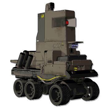  arknights cable castle-3_(arknights) caterpillar_tracks drum_(container) machine military military_vehicle motor_vehicle no_humans official_art renatus.z rust sign simple_background truck vehicle_focus warning_sign wheel white_background wire 