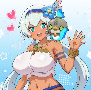  1girl absurdres arm_tattoo bare_shoulders bird blue_flower blue_hairband bracelet breasts dark-skinned_female dark_skin facial_tattoo fantasy_life_i:_the_girl_who_steals_time feathers flower gears gold_necklace green_eyes hair_between_eyes hair_ornament hairband heart highres jewelry large_breasts long_hair looking_at_viewer low_twintails necklace open_mouth rem_(fantasy_life) robot shirt skirt smile solo standing star tattoo twintails white_shirt 