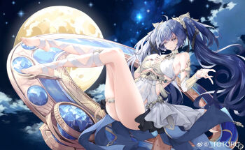  1girl absurdres ahoge ancient_greek_clothes armlet bare_shoulders barefoot black_skirt blue_eyes blue_hair chinese_commentary commentary_request full_body full_moon gold_bra greco-roman_clothes hand_on_own_chest highres iuno_(wuthering_waves) jewelry laurel_crown leg_wrap long_hair looking_at_viewer moon night parted_lips showgirl_skirt skirt smile solo thighlet thighs toes toto_tony twintails vambraces wuthering_waves 