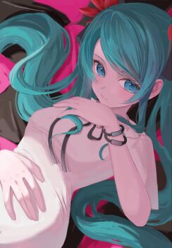  1girl aqua_eyes aqua_hair black_ribbon blush bracelet breasts commentary_request dot_nose dress feather_hair_ornament feathers hair_ornament hand_on_own_chest hand_on_own_stomach hatsune_miku hatsune_miku_(supreme) highres jewelry long_hair lying motuta_1427 red_feathers ribbon sidelocks small_breasts solo twintails very_long_hair vocaloid white_dress world_is_mine_(vocaloid) 