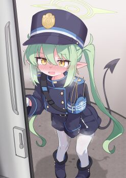  1girl absurdres arm_between_legs armband black_tail blue_archive blue_armband blue_boots blue_hat blue_jacket blue_shorts blush boots buttons commentary_request demon_girl demon_tail double-breasted earrings fang gloves green_hair green_halo halo hat have_to_pee highres jacket jewelry lmc_(lmcgarage) loli long_hair long_sleeves looking_at_viewer nose_blush nozomi_(blue_archive) open_mouth pantyhose pantyhose_under_shorts pee peeing peeing_self pointy_ears shadow short_shorts shorts single_earring skin_fang solo standing sweat tail train_conductor trembling twintails very_long_hair white_gloves white_pantyhose yellow_eyes 