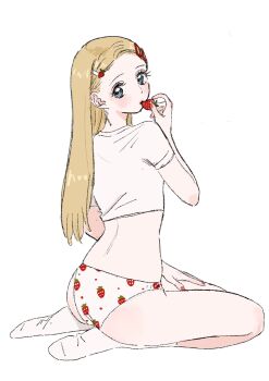  1girl ass bangs_pinned_back blonde_hair blue_eyes crop_top cropped_shirt eating fingernails food food-themed_hair_ornament food_print forehead from_behind fruit fruit_print full_body gomibako_(gomibako_price) hair_ornament hairclip hand_on_own_thigh hand_up highres holding holding_food holding_fruit long_hair looking_at_viewer looking_back nail_polish no_pants no_shoes original panties parted_lips print_panties red_nails seiza shirt short_sleeves simple_background sitting socks solo straight_hair strawberry strawberry_hair_ornament strawberry_panties strawberry_print turning_head underwear white_background white_panties white_shirt white_socks 