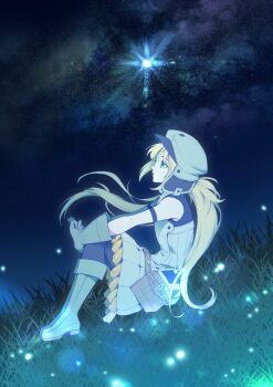  1girl arm_strap artoria_caster_(fate) artoria_caster_(first_ascension)_(fate) artoria_pendragon_(fate) bare_shoulders belt belt_pouch black_pantyhose blonde_hair boots brown_belt closed_mouth commentary_request fate/grand_order fate_(series) fireflies from_side full_body gjtthflmaster gloves grass green_eyes grey_boots grey_gloves grey_hat grey_shirt grey_skirt hat knee_boots knees_up korean_commentary long_hair looking_ahead night on_ground outdoors outstretched_arms own_hands_together pantyhose pouch profile shirt sitting skirt sleeveless sleeveless_shirt solo star_(sky) tassel tassel-trimmed_skirt twintails 