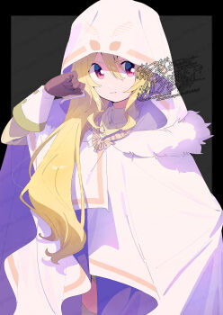  1girl black_border blonde_hair border brown_gloves closed_mouth coat commentary_request dot_nose double-parted_bangs gloves grey_background hair_between_eyes hand_up highres hood hood_up long_hair long_sleeves looking_at_viewer magia_record:_mahou_shoujo_madoka_magica_gaiden mahou_shoujo_madoka_magica outside_border red_eyes serizawa_serizane solo togame_momoko upper_body watermark white_coat 