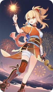  1girl aerial_fireworks asymmetrical_legwear bad_source bandaged_arm bandaged_leg bandages black_socks black_thighhighs blonde_hair bow_(weapon) chest_sarashi choker fireworks genshin_impact hand_up hand_wraps holding holding_bow_(weapon) holding_fireworks holding_weapon japanese_clothes kimono looking_at_object medium_hair night official_art open_mouth orange_kimono outdoors red_choker sarashi short_sleeves single_sleeve smile socks solo standing thighhighs uneven_legwear vision_(genshin_impact) weapon yellow_eyes yoimiya_(genshin_impact) 