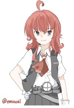  1girl ahoge arashi_(kancolle) black_skirt black_vest collared_shirt dress_shirt emuwai gloves green_eyes hand_on_own_hip hashtag-only_commentary kantai_collection medium_hair neckerchief one-hour_drawing_challenge pleated_skirt red_hair red_neckerchief searchlight shirt simple_background skirt solo upper_body vest white_background white_gloves white_shirt 