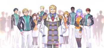  3girls 6+boys arms_behind_back black_(artist) black_hair blonde_hair brown_hair cerejeira_elron chin_(fate) closed_eyes dark-skinned_male dark_skin facial_hair fate/grand_order fate_(series) game_cg glasses goredolf_musik gradient_hair jacket jingle_abel_meuniere kawata_(fate) kayan_(fate) long_hair long_sleeves marcus_(fate) multicolored_hair multiple_boys multiple_girls mustache official_art open_mouth pants pantyhose pink_hair purple_hair redrop short_hair skirt smile spoilers sylvia_(fate) third-party_source tomarin_(fate) variant_set 
