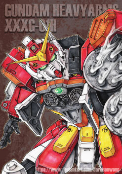  artificial_eye artist_name barrel_gatling_gun character_name chest_gatling_gun chest_jewel darksonwong deviantart deviantart_username gatling_gun glowing glowing_eyes green_eyes gun gundam gundam_heavyarms gundam_heavyarms_custom gundam_wing highres holding holding_gun holding_knife holding_weapon humanoid_robot knife looking_at_viewer machine machine_gun mecha mechanical_eye mechanical_hands mechanical_legs mobile_suit model_number robot v-fin watermark weapon web_address 