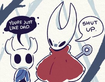  1girl 1other arthropod_girl can't_choose_your_own_family cloak commentary english_commentary english_text grey_cloak hollow_eyes hollow_knight hollow_knight:_silksong horned_mask hornet_(hollow_knight) knight_(hollow_knight) mask momoiiroo needle_(hollow_knight) red_cloak speech_bubble spoilers white_mask 