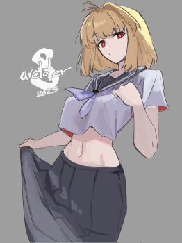 1girl absurdres alternate_costume antenna_hair arcueid_brunestud blonde_hair breasts highres jonyeld looking_at_viewer midriff neckerchief red_eyes sailor_collar school_uniform serafuku short_hair skirt solo tsukihime rating:Sensitive score:7 user:danbooru