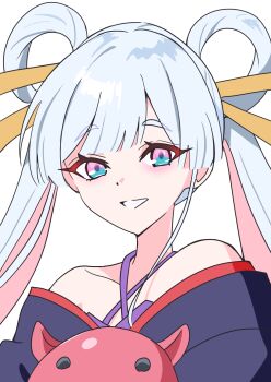  1girl bare_shoulders blue_eyes blue_kimono cho_kaguya-hime! commentary_request hair_ornament hair_rings hair_stick highres japanese_clothes kimono long_hair looking_at_viewer multicolored_eyes off_shoulder open_mouth orbitmp pink_eyes pink_hair runami_yachiyo simple_background solo twintails two-tone_eyes upper_body white_background  rating:General score:0 user:danbooru