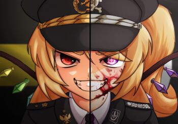  1girl blonde_hair blood blood_on_face commentary crazy_smile crystal crystal_wings evil_smile flag_background flandre_scarlet hat hearts_of_iron highres long_hair looking_at_viewer military military_hat military_uniform ponytail purple_eyes red_eyes short_ponytail side_ponytail smile split_screen the_new_order:_last_days_of_europe touhou tskuru_tazaki upper_body wings 