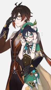  2boys argyle_clothes argyle_pantyhose beret bespectacled black_gloves black_hair blue_hair blush braid brown_hair cape capelet collared_cape commentary earrings flower formal_clothes genshin_impact glasses gloves gradient_hair green_cape green_capelet green_eyes green_hat green_shorts hair_between_eyes hat hat_flower highres jewelry kagami333r18 long_hair long_sleeves multicolored_hair multiple_boys necktie short_hair_with_long_locks shorts side_braids single_earring suit symbol-only_commentary thumb_ring twin_braids venti_(genshin_impact) white_flower white_necktie yellow_eyes zhongli_(genshin_impact) 