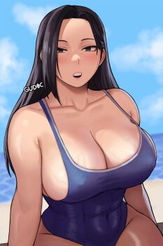  1girl black_eyes black_hair blue_one-piece_swimsuit blurry blurry_background blush boku_no_hero_academia breasts cleavage collarbone covered_erect_nipples gud0c highres large_breasts long_hair looking_at_viewer one-piece_swimsuit open_mouth outdoors solo swimsuit teeth upper_teeth_only veins veiny_breasts yaoyorozu_momo  rating:Sensitive score:59 user:danbooru