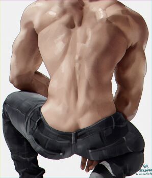  1boy artist_name back black_pants black_shoes commentary_request denim from_behind head_out_of_frame highres jeans korean_commentary male_focus muscular muscular_male original pants realistic shoes simple_background solmuk0 solo squatting topless_male white_background 