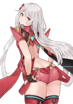  1girl absurdres armor ass back backless_outfit black_gloves butt_crack commentary commission commissioner_upload cosplay earrings english_commentary expressionless fingerless_gloves flower from_behind gloves hair_between_eyes hair_flower hair_ornament highres jewelry long_hair looking_at_viewer looking_back maxine_poshon median_furrow micro_shorts original pyra_(xenoblade) pyra_(xenoblade)_(cosplay) red_eyes red_flower red_shorts red_thighhighs second-party_source shorts shoulder_armor simple_background skeb_commission solo standing suspenders_hanging thighhighs thighs very_long_hair white_background white_hair xenoblade_chronicles_(series) xenoblade_chronicles_2 yotsuha_uni 