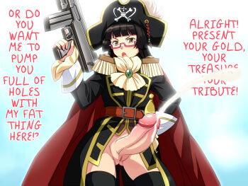  1futa ascot bad_id bad_pixiv_id belt bicorne black_hair black_thighhighs blunt_bangs bottomless cape chiaki_kurihara cum decensored ejaculation epaulettes erection futanari glasses gun hand_on_own_hip hands_free_ejaculation hard-translated hat highres hime_cut large_penis miniskirt_pirates no_testicles open_mouth penis pink-framed_eyewear pirate_hat poncho_s pussy semi-rimless_eyewear solo submachine_gun sword thighhighs third-party_edit uncensored under-rim_eyewear weapon 