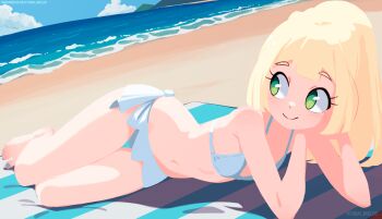  1girl absurdres bare_arms bare_legs bare_shoulders barefoot beach bikini blonde_hair blue_nails braid breasts closed_mouth commentary crown_braid day elbow_rest english_commentary green_eyes highres lillie_(pokemon) long_hair lying navel nintendo no_lineart outdoors pokemon pokemon_(anime) pokemon_sm_(anime) small_breasts smile solo swimsuit thigh_gap tobias_wheller water white_bikini  rating:Sensitive score:43 user:danbooru
