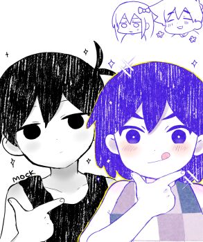  1girl 3boys :d :q ^_^ antenna_hair aubrey_(headspace)_(omori) aubrey_(omori) bare_arms bare_shoulders black_eyes black_hair black_tank_top blush bow bright_pupils brothers checkered_clothes checkered_shirt chibi chibi_inset closed_eyes closed_mouth collarbone colored_skin commentary_request double-parted_bangs empty_eyes expressionless fingernails flower hair_behind_ear hair_between_eyes hair_bow hand_on_own_chin hand_up hero_(headspace)_(omori) hero_(omori) kel_(headspace)_(omori) kel_(omori) long_hair looking_at_viewer male_focus multiple_boys no_pupils omori omori_(omori) open_mouth outline pointing pointing_at_another pokoponpen portrait purple_eyes purple_hair shirt short_hair siblings simple_background sleeveless sleeveless_shirt smile sparkle straight-on sweatdrop tank_top tongue tongue_out v-shaped_eyebrows very_short_hair white_background white_pupils white_skin yellow_outline 