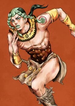  1boy absurdres araki_hirohiko_(style) arm_tattoo armband black_hair braid bridal_gauntlets brown_corset brown_loincloth chest_tattoo commentary_request corset feet_out_of_frame green_eyes green_hair green_lips highres jewelry jojo_no_kimyou_na_bouken kaib0y knife long_hair looking_at_viewer male_focus multicolored_hair native_american necklace official_style orange_armband orange_background orange_bridal_gauntlets parted_lips pelvic_curtain ponytail running sandman_(sbr) sheath shoulder_tattoo simple_background steel_ball_run tattoo toned toned_male topless_male twin_braids two-tone_hair 