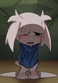  1girl after_rape blue_sweater bruise bruised_eye clothes_tug commentary_request crying cum cum_in_mouth cumdrip doukutsu_monogatari furry furry_female highres injury katahane3 sakamoto_sue solo sweater sweater_tug torn_clothes torn_sweater 